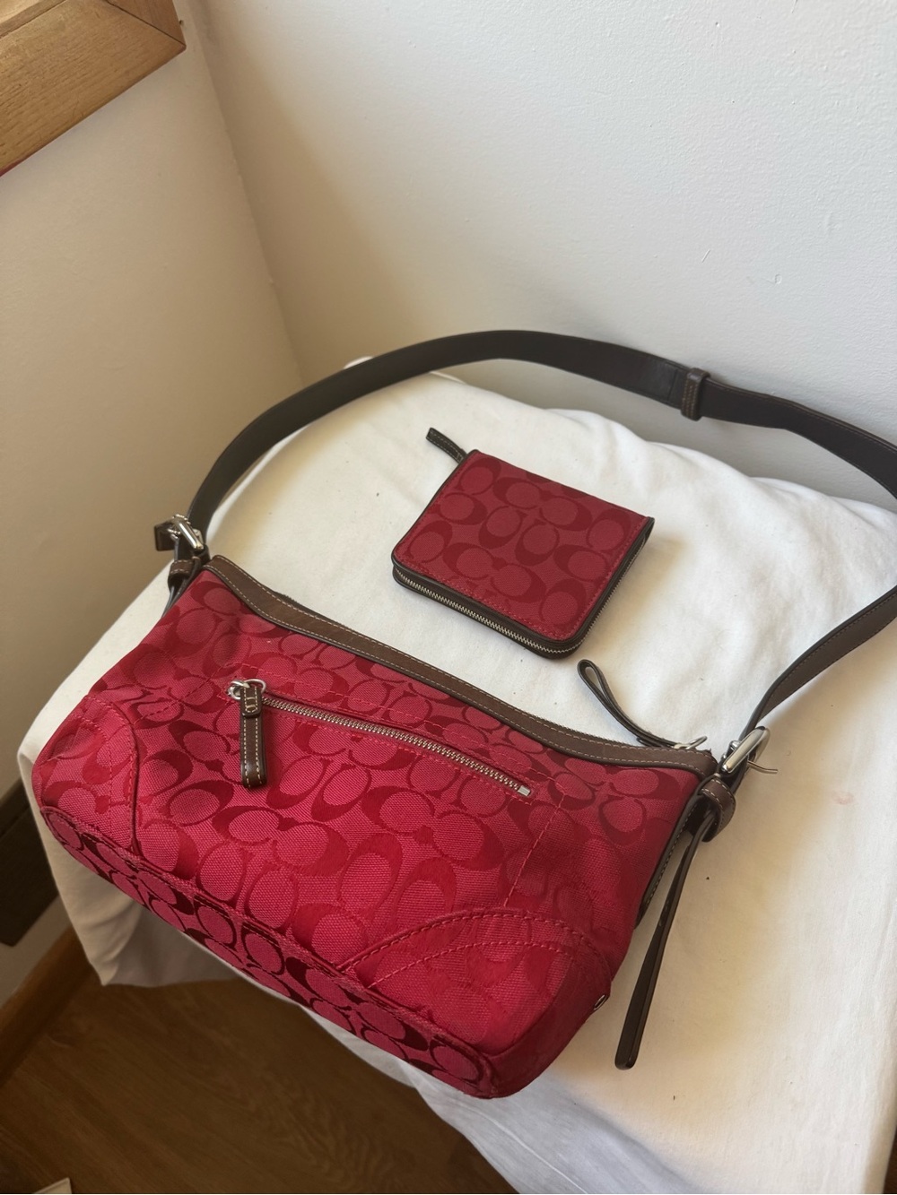 Y2K Rare Coach Red Signature Jacquard Crossbody with Wallet